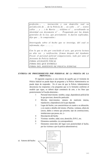 Suprema Corte de Justicia
profesión..., ... instrucción y con domicilio real en
jurisdicción de ... de la Policía de ... en calle ... nº ... (entre
calles ... y ... ) de Barrio ..., teléfono nº ... acreditando su
identidad con documento nº ... Preguntada por las demás
generales de la Ley, que previamente. le fueron explicadas,
dijo que ... le comprenden.-
Interrogada sobre el hecho que se investiga, del cual es
informada, dijo: ... ... ...
Con lo que se dio por concluido el acto, que previa lectura
en alta voz y ratificación, firman después del Ayudante
Fiscal, el personal policial compareciente, todo por ante el
Asistente de Policía Judicial.
FIRMA AYUDANTE FISCAL
FIRMA DEL QUE ENTREGA
FIRMA DEL ASISTENTE DE POLICIA JUDICIAL
ENTREGA DE PROCEDIMIENTO POR PERSONAL DE LA POLICIA DE LA
PROVINCIA.-
El siguiente esquema es una síntesis de aquello que el Asistente de
Policía Judicial no puede dejar de preguntar y la Policía Administrativa no
puede dejar de responder. En el caso de que la Policía Administrativa
desconozca las respuestas a las preguntas que se le formulen conforme al
modelo que sigue, se deberá dejar constancia de esto, a los fines que
posteriormente la Fiscalía determine.-
1 Personal interviniente: nombre, cargo, dependencia policial de
la que proviene, domicilio particular.
2 Móviles intervinientes: número de matrícula interna,
tripulación y dependencia de la que depende.
3 Lugar del hecho, con características en cuanto a su ubicación,
y en cuanto a detalles del mismo. (Puertas, ventanas, altura de
cercos, daños o roturas que presente, tipo de construcciones,
instalaciones que posea, etc..).-
4 Descripción del hecho
5 Víctimas: nombre, edad, sexo, domicilio, D:N.I., etc.
6 Elementos sustraídos. (si correspondiere).
7 Elementos removidos del lugar (con posterioridad al hecho,
por las víctimas o por la policía administrativa).
a) Autores del hecho:
143
CONOCIDO.
domicilio,
sobre nombre,
descripción
física
vestimenta
DESCONICIDO:
descripción
física,
vestimenta
 