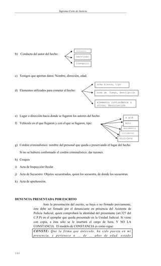 Suprema Corte de Justicia
b) Conducta del autor del hecho:
c) Testigos que aportan datos: Nombre, dirección, edad.
d) Elementos utilizados para cometer el hecho:
e) Lugar o dirección hacia donde se fugaron los autores del hecho.
f) Vehículo en el que llegaron y con el que se fugaron, tipo:
g) Cordón criminalístico: nombre del personal que queda a preservando el lugar del hecho.
Si no se hubiera conformado el cordón criminalístico, dar razones.
h) Croquis
i) Acta de Inspección Ocular.
j) Acta de Secuestro: Objetos secuestrados, quien los secuestra, de donde los secuestran.
k) Acta de aprehensión.
DENUNCIA PRESENTADA POR ESCRITO
Ante la presentación del escrito, se haya o no firmado previamente,
éste debe ser firmado por el denunciante en presencia del Asistente de
Policía Judicial, quien comprobará la identidad del presentante (art.327 del
C.P.P) en el ejemplar que queda presentado en la Unidad Judicial. Si viene
con copia, a ésta sólo se le insertará el cargo de hora, Y NO LA
CONSTANCIA. El modelo de CONSTANCIA es como sigue:
CONSTE: Que la firma que antecede, ha sido puesta en mi
presencia, y pertenece a ... de ... años de edad, estado
144
violento
tranquilo
nervioso
arma blanca, tipo
elemento contundente u
otros, descripción
automóvil
ciclomotor
bicicleta
moto
a pié
arma de fuego, descripción
 