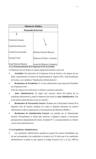 Ministerio Público
Procurador de la Corte
Fiscalía de Cámaras
Fiscalía de Instrucción
Fiscalía Correccionales
Fiscalía Civiles
Fiscal Penal de Menores
Defensor Penal de Menores
Defensor de Pobres y Ausentes
Asesor de Menores e Incapaces
2.3.2. Pronunciamientos de la Suprema Corte de Justicia.
La Suprema Corte de Justicia se expresa administrativamente a través de:
 Acordadas: Son decisiones de la Suprema Corte de Justicia o de algunas de sus
Salas, especialmente en materia de Superintendencia. Según la Dra. Aída Kemelmajer
de Carlucci, son verdaderos “Reglamentos Administrativos”.-
 Resoluciones de Presidencia: Es el acto administrativo que emana del Presidente
de la Suprema Corte.-
Estas dos especies de resoluciones se refieren a cuestiones generales.-
 Autos Administrativos: En algún caso concreto, dentro del análisis de un
expediente administrativo, puede la Suprema Corte dictar un Auto Administrativo. Éste
es de carácter particular para el caso en cuestión.-
 Resoluciones de Procuración General: Dictadas por el Procurador General de la
Suprema Corte de Justicia, mediante las cuales se disponen decisiones de carácter
administrativo sobre la organización y funcionamiento del Ministerio Público.-
 Resoluciones de Administración General: son emitidas por el Administrador
General. Principalmente se dictan para autorizar o adjudicar compras o elevaciones
presupuestarias (dependiendo del monto, Acordada N° ) y excepcionalmente se refieren
a otros temas administrativos.-
3. Los Expedientes Administrativos.
 Los expedientes administrativos guardan en general las mismas formalidades que
las que corresponden a los expedientes en materia civil. Es decir que a los expedientes
administrativos se aplica lo que expresa el Código Procesal Civil y la Ley 3909 de
22
 