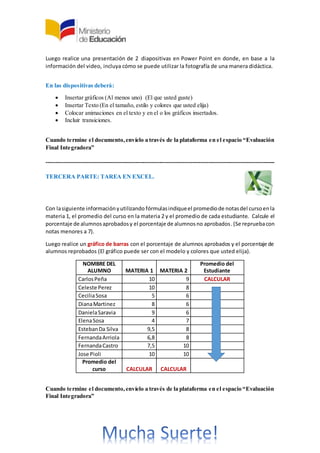Luego realice una presentación de 2 diapositivas en Power Point en donde, en base a la
información del video, incluya cómo se puede utilizar la fotografía de una manera didáctica.
En las dispositivas deberá:
 Insertar gráficos (Al menos uno) (El que usted guste)
 Insertar Texto (En el tamaño, estilo y colores que usted elija)
 Colocar animaciones en el texto y en el o los gráficos insertados.
 Incluir transiciones.
Cuando termine el documento,envíelo a través de la plataforma en el espacio “Evaluación
Final Integradora”
--------------------------------------------------------------------------------------------------------------------
TERCERA PARTE: TAREA EN EXCEL.
Con lasiguiente informaciónyutilizandofórmulasindique el promediode notasdel cursoenla
materia1, el promedio del curso enla materia 2 y el promedio de cada estudiante. Calcule el
porcentaje de alumnosaprobadosyel porcentaje de alumnosnoaprobados.(Se reprueba con
notas menores a 7).
Luegorealice ungráfico de barras con el porcentaje de alumnos aprobados y el porcentaje de
alumnos reprobados (El gráfico puede ser con el modelo y colores que usted elija).
NOMBRE DEL
ALUMNO MATERIA 1 MATERIA 2
Promedio del
Estudiante
CarlosPeña 10 9 CALCULAR
Celeste Perez 10 8
CeciliaSosa 5 6
DianaMartinez 8 6
DanielaSaravia 9 6
ElenaSosa 4 7
EstebanDa Silva 9,5 8
FernandaArriola 6,8 8
FernandaCastro 7,5 10
Jose Pioli 10 10
Promedio del
curso CALCULAR CALCULAR
Cuando termine el documento,envíelo a través de la plataforma en el espacio “Evaluación
Final Integradora”
 