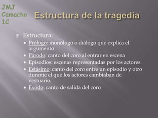 JMJ
Camacho
1C

      Estructura:
        Prólogo: monólogo o diálogo que explica el
         argumento
        Párodo: canto del coro al entrar en escena
        Episodios: escenas representadas por los actores
        Estásimo: canto del coro entre un episodio y otro
         durante el que los actores cambiaban de
         vestuario.
        Éxodo: canto de salida del coro
 