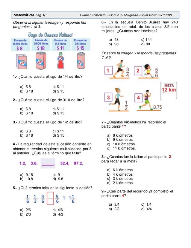Examen Trimestral Quinto Grado Bloque 3 Con Respuestas Examen trimestral sexto_grado_bloque3_2018-2019