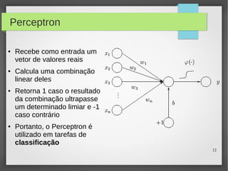 12
Perceptron
● Recebe como entrada um
vetor de valores reais
● Calcula uma combinação
linear deles
● Retorna 1 caso o resultado
da combinação ultrapasse
um determinado limiar e -1
caso contrário
● Portanto, o Perceptron é
utilizado em tarefas de
classificação
 