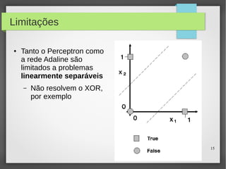 15
Limitações
● Tanto o Perceptron como
a rede Adaline são
limitados a problemas
linearmente separáveis
– Não resolvem o XOR,
por exemplo
 
