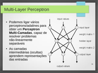 16
Multi-Layer Perceptron
● Podemos ligar vários
perceptrons/adalines para
obter um Perceptron
Multi-Camadas, capaz de
resolver problemas
não-linearmente
separáveis
● As camadas
intermediárias (ocultas)
aprendem representações
das entradas
 