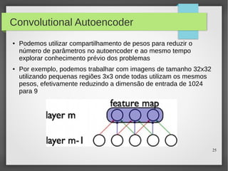 25
Convolutional Autoencoder
● Podemos utilizar compartilhamento de pesos para reduzir o
número de parâmetros no autoencoder e ao mesmo tempo
explorar conhecimento prévio dos problemas
● Por exemplo, podemos trabalhar com imagens de tamanho 32x32
utilizando pequenas regiões 3x3 onde todas utilizam os mesmos
pesos, efetivamente reduzindo a dimensão de entrada de 1024
para 9
 