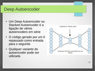 28
Deep Autoencoder
● Um Deep Autoencoder ou
Stacked Autoencoder é a
ligação de vários
autoencoders em série
● O código gerado por um é
repassado como entrada
para o seguinte
● Qualquer variante do
autoencoder pode ser
utilizada
 