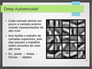 29
Deep Autoencoder
● Cada camada abstrai um
pouco a camada anterior,
criando representações de
alto nível
● Isso facilita o trabalho de
camadas superiores, pois
elas passam a trabalhar
sobre conceitos de mais
alto nível
● Ex.: pixels → linhas →
formas → objetos
 