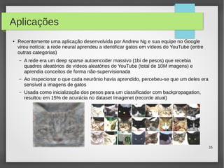 35
Aplicações
● Recentemente uma aplicação desenvolvida por Andrew Ng e sua equipe no Google
virou notícia: a rede neural aprendeu a identificar gatos em vídeos do YouTube (entre
outras categorias)
– A rede era um deep sparse autoencoder massivo (1bi de pesos) que recebia
quadros aleatórios de vídeos aleatórios do YouTube (total de 10M imagens) e
aprendia conceitos de forma não-supervisionada
– Ao inspecionar o que cada neurônio havia aprendido, percebeu-se que um deles era
sensível a imagens de gatos
– Usada como inicialização dos pesos para um classificador com backpropagation,
resultou em 15% de acurácia no dataset Imagenet (recorde atual)
 