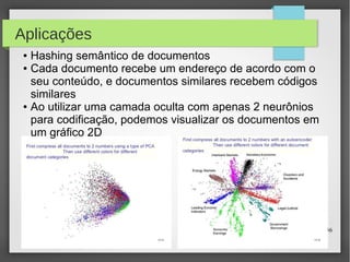 36
Aplicações
● Hashing semântico de documentos
● Cada documento recebe um endereço de acordo com o
seu conteúdo, e documentos similares recebem códigos
similares
● Ao utilizar uma camada oculta com apenas 2 neurônios
para codificação, podemos visualizar os documentos em
um gráfico 2D
 