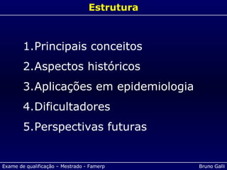 Estrutura Principais conceitos Aspectos históricos Aplicações em epidemiologia Dificultadores Perspectivas futuras 