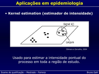 Aplicações em epidemiologia Kernel estimation (estimador de intensidade) Usado para estimar a intensidade pontual do processo em toda a região de estudo. Câmara e Carvalho, 2004 