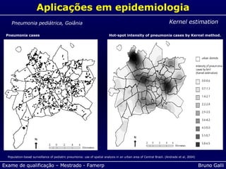 Aplicações em epidemiologia Kernel estimation Population-based surveillance of pediatric pneumonia: use of spatial analysis in an urban area of Central Brazil. (Andrade et al, 2004) Pneumonia pediátrica, Goiânia Hot-spot intensity of pneumonia cases by Kernel method. Pneumonia cases 