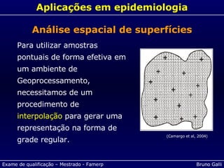 Aplicações em epidemiologia Para utilizar amostras pontuais de forma efetiva em um ambiente de Geoprocessamento, necessitamos de um procedimento de interpolação  para gerar uma representação na forma de grade regular.  Análise espacial de superfícies (Camargo et al, 2004) 