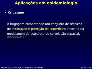 Aplicações em epidemiologia A krigagem compreende um conjunto de técnicas de  estimação e predição de superfícies  baseada na modelagem da estrutura de correlação espacial.  (Camargo et al, 2004) Krigagem 