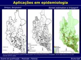 Aplicações em epidemiologia Kernel estimation e krigagem Use of a geographic informations system for defining spatial risk for dengue transmission in Bangladesh: role for aedes albopictus in na urban outbreak. (Ali et al, 2003) Dengue, Bangladesh 