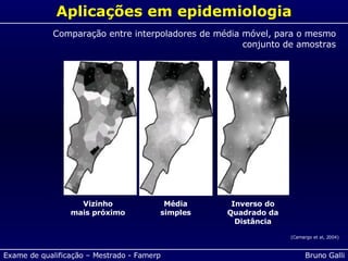 Aplicações em epidemiologia Comparação entre interpoladores de média móvel, para o mesmo conjunto de amostras (Camargo et al, 2004) Inverso do Quadrado da Distância Média simples Vizinho mais próximo 