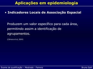 Aplicações em epidemiologia Produzem um valor específico para cada área, permitindo assim a identificação de agrupamentos. (Câmara et al, 2004) Indicadores Locais de Associação Espacial 
