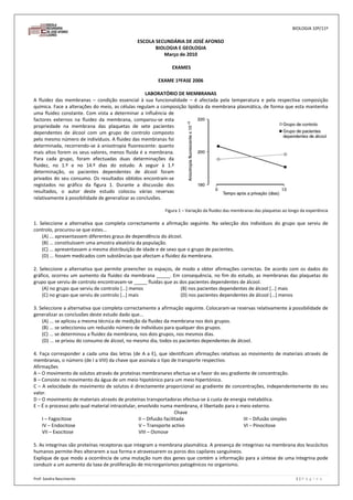 BIOLOGIA 10º/11º

                                              ESCOLA SECUNDÁRIA DE JOSÉ AFONSO
                                                     BIOLOGIA E GEOLOGIA
                                                        Março de 2010

                                                             EXAMES

                                                       EXAME 1ºFASE 2006

                                                   LABORATÓRIO DE MEMBRANAS
A fluidez das membranas – condição essencial à sua funcionalidade – é afectada pela temperatura e pela respectiva composição
química. Face a alterações do meio, as células regulam a composição lipídica da membrana plasmática, de forma que esta mantenha
uma fluidez constante. Com vista a determinar a influência de
factores externos na fluidez da membrana, comparou-se esta
propriedade na membrana das plaquetas de sete pacientes
dependentes de álcool com um grupo de controlo composto
pelo mesmo número de indivíduos. A fluidez das membranas foi
determinada, recorrendo-se à anisotropia fluorescente: quanto
mais altos forem os seus valores, menos fluida é a membrana.
Para cada grupo, foram efectuadas duas determinações da
fluidez, no 1.º e no 14.º dias do estudo. A seguir à 1.ª
determinação, os pacientes dependentes de álcool foram
privados do seu consumo. Os resultados obtidos encontram-se
registados no gráfico da figura 1. Durante a discussão dos
resultados, o autor deste estudo colocou várias reservas
relativamente à possibilidade de generalizar as conclusões.

                                                          Figura 1 – Variação da fluidez das membranas das plaquetas ao longo da experiência

1. Seleccione a alternativa que completa correctamente a afirmação seguinte. Na selecção dos indivíduos do grupo que serviu de
controlo, procurou-se que estes...
    (A) ... apresentassem diferentes graus de dependência do álcool.
    (B) ... constituíssem uma amostra aleatória da população.
    (C) ... apresentassem a mesma distribuição de idade e de sexo que o grupo de pacientes.
    (D) ... fossem medicados com substâncias que afectam a fluidez da membrana.

2. Seleccione a alternativa que permite preencher os espaços, de modo a obter afirmações correctas. De acordo com os dados do
gráfico, ocorreu um aumento da fluidez da membrana _____. Em consequência, no fim do estudo, as membranas das plaquetas do
grupo que serviu de controlo encontravam-se _____ fluidas que as dos pacientes dependentes de álcool.
    (A) no grupo que serviu de controlo […] menos                (B) nos pacientes dependentes de álcool […] mais
    (C) no grupo que serviu de controlo […] mais                 (D) nos pacientes dependentes de álcool […] menos

3. Seleccione a alternativa que completa correctamente a afirmação seguinte. Colocaram-se reservas relativamente à possibilidade de
generalizar as conclusões deste estudo dado que...
    (A) ... se aplicou a mesma técnica de medição da fluidez da membrana nos dois grupos.
    (B) ... se seleccionou um reduzido número de indivíduos para qualquer dos grupos.
    (C) ... se determinou a fluidez da membrana, nos dois grupos, nos mesmos dias.
    (D) ... se privou do consumo de álcool, no mesmo dia, todos os pacientes dependentes de álcool.

4. Faça corresponder a cada uma das letras (de A a E), que identificam afirmações relativas ao movimento de materiais através de
membranas, o número (de I a VIII) da chave que assinala o tipo de transporte respectivo.
Afirmações
A – O movimento de solutos através de proteínas membranares efectua-se a favor do seu gradiente de concentração.
B – Consiste no movimento da água de um meio hipotónico para um meio hipertónico.
C – A velocidade do movimento de solutos é directamente proporcional ao gradiente de concentrações, independentemente do seu
valor.
D – O movimento de materiais através de proteínas transportadoras efectua-se à custa de energia metabólica.
E – É o processo pelo qual material intracelular, envolvido numa membrana, é libertado para o meio externo.
                                                                     Chave
    I – Fagocitose                                II – Difusão facilitada                      III – Difusão simples
    IV – Endocitose                               V – Transporte activo                        VI – Pinocitose
    VII – Exocitose                               VIII – Osmose

5. As integrinas são proteínas receptoras que integram a membrana plasmática. A presença de integrinas na membrana dos leucócitos
humanos permite-lhes alterarem a sua forma e atravessarem os poros dos capilares sanguíneos.
Explique de que modo a ocorrência de uma mutação num dos genes que contém a informação para a síntese de uma integrina pode
conduzir a um aumento da taxa de proliferação de microrganismos patogénicos no organismo.

Prof: Sandra Nascimento                                                                                                    1|P á g i n a
 