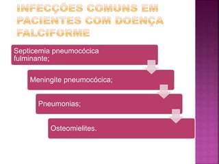 Septicemia pneumocócica
fulminante;
Meningite pneumocócica;
Pneumonias;
Osteomielites.
 