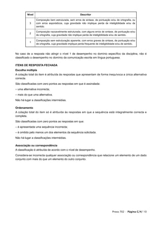 Nível                                           Descritor

                  Composição bem estruturada, sem erros de sintaxe, de pontuação e/ou de ortografia, ou
            3     com erros esporádicos, cuja gravidade não implique perda de inteligibilidade e/ou de
                  sentido.

                  Composição razoavelmente estruturada, com alguns erros de sintaxe, de pontuação e/ou
            2
                  de ortografia, cuja gravidade não implique perda de inteligibilidade e/ou de sentido.

                  Composição sem estruturação aparente, com erros graves de sintaxe, de pontuação e/ou
            1
                  de ortografia, cuja gravidade implique perda frequente de inteligibilidade e/ou de sentido.



No caso de a resposta não atingir o nível 1 de desempenho no domínio específico da disciplina, não é
classificado o desempenho no domínio da comunicação escrita em língua portuguesa.

ITENS DE RESPOSTA FECHADA
Escolha múltipla
A cotação total do item é atribuída às respostas que apresentam de forma inequívoca a única alternativa
correcta.

São classificadas com zero pontos as respostas em que é assinalada:

– uma alternativa incorrecta;

– mais do que uma alternativa.

Não há lugar a classificações intermédias.

Ordenamento
A cotação total do item só é atribuída às respostas em que a sequência está integralmente correcta e
completa.

São classificadas com zero pontos as respostas em que:

– é apresentada uma sequência incorrecta;

– é omitido pelo menos um dos elementos da sequência solicitada.

Não há lugar a classificações intermédias.

Associação ou correspondência
A classificação é atribuída de acordo com o nível de desempenho.

Considera-se incorrecta qualquer associação ou correspondência que relacione um elemento de um dado
conjunto com mais do que um elemento do outro conjunto.




                                                                                       Prova 702 • Página C/4/ 10
 