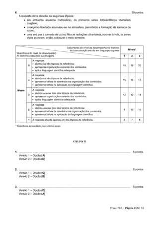 6. ...................................................................................................................................................... 20 pontos
1. A resposta deve abordar os seguintes tópicos:
           • em ambiente aquático (hidrosfera), os primeiros seres fotossintéticos libertaram
             oxigénio;
           • o oxigénio libertado acumulou-se na atmosfera, permitindo a formação da camada de
             ozono;
           • uma vez que a camada de ozono filtra as radiações ultravioleta, nocivas à vida, os seres
             vivos puderam, então, colonizar o meio terrestre.


                                                                  Descritores do nível de desempenho no domínio
                                                                    da comunicação escrita em língua portuguesa                                Níveis*
  Descritores do nível de desempenho
  no domínio específico da disciplina                                                                                                    1         2         3
                      A resposta:
                      • aborda os três tópicos de referência;
                5                                                                                                                        18       19        20
                      • apresenta organização coerente dos conteúdos;
                      • aplica linguagem científica adequada.

                      A resposta:
                      • aborda os três tópicos de referência;
                4                                                                                                                        15       16        17
                      • apresenta falhas de coerência na organização dos conteúdos;
                      • apresenta falhas na aplicação da linguagem científica.

  Níveis              A resposta:
                      • aborda apenas dois dos tópicos de referência;
                3                                                                                                                        12       13        14
                      • apresenta organização coerente dos conteúdos;
                      • aplica linguagem científica adequada.

                      A resposta:
                      • aborda apenas dois dos tópicos de referência;
                2                                                                                                                        9        10        11
                      • apresenta falhas de coerência na organização dos conteúdos;
                      • apresenta falhas na aplicação da linguagem científica.

                1     A resposta aborda apenas um dos tópicos de referência.                                                             6         7         8

* Descritores apresentados nos critérios gerais.




                                                                         GRUPO II


1. ...................................................................................................................................................... 5 pontos
1. Versão 1 – Opção (A)
1. Versão 2 – Opção (D)


2. ...................................................................................................................................................... 5 pontos
1. Versão 1 – Opção (C)
1. Versão 2 – Opção (B)


3. ...................................................................................................................................................... 5 pontos
1. Versão 1 – Opção (D)
1. Versão 2 – Opção (A)




                                                                                                                        Prova 702 • Página C/6/ 10
 