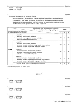 6. ...................................................................................................................................................... 5 pontos
1. Versão 1 – Opção (B)
1. Versão 2 – Opção (C)


7. ...................................................................................................................................................... 20 pontos
1. A resposta deve abordar os seguintes tópicos:
           • um ponto quente é alimentado por magma basáltico (que origina erupções efusivas);
           • Yellowstone é uma região continental, constituída por rochas ácidas (ricas em sílica);
           • ao ascender, o magma basáltico incorpora material de origem continental, que torna a
             mistura mais viscosa, promovendo erupções explosivas.


                                                                 Descritores do nível de desempenho no domínio
                                                                   da comunicação escrita em língua portuguesa                                Níveis*
 Descritores do nível de desempenho
 no domínio específico da disciplina                                                                                                     1         2        3
                     A resposta:
                     • aborda os três tópicos de referência;
                5                                                                                                                       18        19        20
                     • apresenta organização coerente dos conteúdos;
                     • aplica linguagem científica adequada.

                     A resposta:
                     • aborda os três tópicos de referência;
                4                                                                                                                       15        16        17
                     • apresenta falhas de coerência na organização dos conteúdos;
                     • apresenta falhas na aplicação da linguagem científica.

  Níveis             A resposta:
                     • aborda apenas dois dos tópicos de referência;
                3                                                                                                                       12        13        14
                     • apresenta organização coerente dos conteúdos;
                     • aplica linguagem científica adequada.

                     A resposta:
                     • aborda apenas dois dos tópicos de referência;
                2                                                                                                                        9        10        11
                     • apresenta falhas de coerência na organização dos conteúdos;
                     • apresenta falhas na aplicação da linguagem científica.

                1    A resposta aborda apenas um dos tópicos de referência.                                                              6         7        8

* Descritores apresentados nos critérios gerais.




                                                                         GRUPO IV


1. ...................................................................................................................................................... 5 pontos
1. Versão 1 – Opção (A)
1. Versão 2 – Opção (C)


2. ...................................................................................................................................................... 5 pontos
1. Versão 1 – Opção (B)
1. Versão 2 – Opção (C)


3. ...................................................................................................................................................... 5 pontos
1. Versão 1 – Opção (C)
1. Versão 2 – Opção (D)

                                                                                                                        Prova 702 • Página C/9/ 10
 
