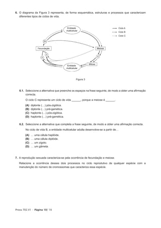 6. O diagrama da Figura 3 representa, de forma esquemática, estruturas e processos que caracterizam
   diferentes tipos de ciclos de vida.




                                                 Figura 3



   6.1. Seleccione a alternativa que preenche os espaços na frase seguinte, de modo a obter uma afirmação
        correcta.

        O ciclo C representa um ciclo de vida ______, porque a meiose é ______.

       (A)   diplonte (…) pós-zigótica.
       (B)   diplonte (…) pré-gamética.
       (C)   haplonte (…) pós-zigótica.
       (D)   haplonte (…) pré-gamética.

   6.2. Seleccione a alternativa que completa a frase seguinte, de modo a obter uma afirmação correcta.

        No ciclo de vida B, a entidade multicelular adulta desenvolve-se a partir de…

       (A)   …   uma célula haplóide.
       (B)   …   uma célula diplóide.
       (C)   …   um zigoto.
       (D)   …   um gâmeta.



7. A reprodução sexuada caracteriza-se pela ocorrência de fecundação e meiose.

   Relacione a ocorrência desses dois processos no ciclo reprodutivo de qualquer espécie com a
   manutenção do número de cromossomas que caracteriza essa espécie.




Prova 702.V1 • Página 10/ 16
 