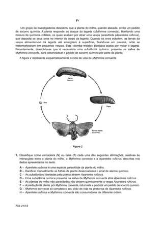 IV

    Um grupo de investigadores descobriu que a planta do milho, quando atacada, emite um pedido
de socorro químico. A planta responde ao ataque da lagarta (Mythimna convecta), libertando uma
mistura de químicos voláteis, os quais acabam por atrair uma vespa parasitóide (Apanteles ruficrus),
que deposita os seus ovos no interior do corpo da lagarta. Quando os ovos eclodem, as larvas da
vespa alimentam-se da lagarta até emergirem à superfície, fixando-se em casulos, onde se
metamorfoseiam em pequenas vespas. Esta «bomba-relógio» biológica acaba por matar a lagarta.
Recentemente, descobriu-se que é necessária uma substância química, presente na saliva de
Mythimna convecta, para desencadear o pedido de socorro químico por parte da planta.
   A figura 2 representa esquematicamente o ciclo de vida de Mythimna convecta.




                                                Figura 2


1. Classifique como verdadeira (V) ou falsa (F) cada uma das seguintes afirmações, relativas às
   interacções entre a planta do milho, a Mythimna convecta e a Apanteles ruficrus, descritas nos
   dados apresentados no texto.
   A–    Apanteles ruficrus é uma espécie parasitóide da planta do milho.
   B–    Danificar manualmente as folhas da planta desencadeará o sinal de alarme químico.
   C–    As substâncias libertadas pela planta atraem Apanteles ruficrus.
   D–    Uma substância química presente na saliva de Mythimna convecta atrai Apanteles ruficrus.
   E–    As plantas do milho não parasitadas não atraem quimicamente a vespa Apanteles ruficrus.
   F –   A predação da planta, por Mythimna convecta, induz esta a produzir um pedido de socorro químico.
   G–    Mythimna convecta só completa o seu ciclo de vida na presença de Apanteles ruficrus.
   H–    Apanteles ruficrus e Mythimna convecta são consumidores de diferente ordem.




702.V1/12
 