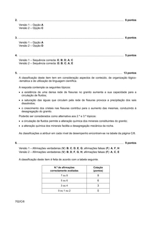 2. ............................................................................................................................................. 6 pontos
    Versão 1 – Opção A
    Versão 2 – Opção C


3. .............................................................................................................................................. 6 pontos
    Versão 1 – Opção A
    Versão 2 – Opção D


4. ............................................................................................................................................. 5 pontos
    Versão 1 – Sequência correcta: E; B; D; A; C
    Versão 2 – Sequência correcta: D; B; C; A; E


5. ........................................................................................................................................... 13 pontos
    A classificação deste item tem em consideração aspectos de conteúdo, de organização lógico-
    -temática e de utilização de linguagem científica.

    A resposta contempla os seguintes tópicos:
    • a existência de uma densa rede de fissuras no granito aumenta a sua capacidade para a
      circulação de fluidos;
    • a saturação das águas que circulam pela rede de fissuras provoca a precipitação dos sais
      dissolvidos;
    • o crescimento dos cristais nas fissuras contribui para o aumento das mesmas, conduzindo à
      desagregação do granito.
    Poderão ser considerados como alternativa aos 2.º e 3.º tópicos:
    • a circulação de fluidos permite a alteração química dos minerais constituintes do granito;
    • a alteração química dos minerais facilita a desagregação mecânica da rocha.

    As classificações a atribuir em cada nível de desempenho encontram-se na tabela da página C/8.


6. .............................................................................................................................................. 9 pontos

    Versão 1 – Afirmações verdadeiras (V): B, C, D, E, G; afirmações falsas (F): A, F, H
    Versão 2 – Afirmações verdadeiras (V): B, D, F, G, H; afirmações falsas (F): A, C, E

    A classificação deste item é feita de acordo com a tabela seguinte.

                                               N.º de afirmações                                   Cotação
                                            correctamente avaliadas                                (pontos)
                                                          7 ou 8                                        9
                                                          5 ou 6                                        6
                                                          3 ou 4                                        3
                                                      0 ou 1 ou 2                                       0



702/C/6
 