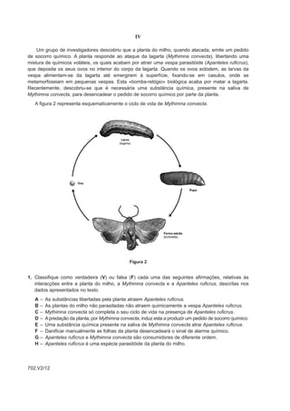IV

    Um grupo de investigadores descobriu que a planta do milho, quando atacada, emite um pedido
de socorro químico. A planta responde ao ataque da lagarta (Mythimna convecta), libertando uma
mistura de químicos voláteis, os quais acabam por atrair uma vespa parasitóide (Apanteles ruficrus),
que deposita os seus ovos no interior do corpo da lagarta. Quando os ovos eclodem, as larvas da
vespa alimentam-se da lagarta até emergirem à superfície, fixando-se em casulos, onde se
metamorfoseiam em pequenas vespas. Esta «bomba-relógio» biológica acaba por matar a lagarta.
Recentemente, descobriu-se que é necessária uma substância química, presente na saliva de
Mythimna convecta, para desencadear o pedido de socorro químico por parte da planta.
   A figura 2 representa esquematicamente o ciclo de vida de Mythimna convecta.




                                                Figura 2


1. Classifique como verdadeira (V) ou falsa (F) cada uma das seguintes afirmações, relativas às
   interacções entre a planta do milho, a Mythimna convecta e a Apanteles ruficrus, descritas nos
   dados apresentados no texto.
   A–    As substâncias libertadas pela planta atraem Apanteles ruficrus.
   B–    As plantas do milho não parasitadas não atraem quimicamente a vespa Apanteles ruficrus.
   C–    Mythimna convecta só completa o seu ciclo de vida na presença de Apanteles ruficrus.
   D–    A predação da planta, por Mythimna convecta, induz esta a produzir um pedido de socorro químico.
   E–    Uma substância química presente na saliva de Mythimna convecta atrai Apanteles ruficrus.
   F –   Danificar manualmente as folhas da planta desencadeará o sinal de alarme químico.
   G–    Apanteles ruficrus e Mythimna convecta são consumidores de diferente ordem.
   H–    Apanteles ruficrus é uma espécie parasitóide da planta do milho.




702.V2/12
 