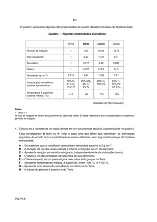 III

    O quadro I apresenta algumas das propriedades de quatro planetas principais do Sistema Solar.

                                 Quadro I – Algumas propriedades planetárias


                                                Terra         Marte        Júpiter        Urano

           Período de rotação*                    1            1,03         0,415          –   0,72

           Raio equatorial*                       1            0,53         11,21          4,01

           Gravidade*                             1           0,377          2,36         0,889

           Massa*                                 1           0,107         317,8          14,5

           Densidade (g cm–3)                   5,515          3,93         1,326          1,27

                                               78% N2        95% CO2       90% H2        82% H2
           Composição atmosférica
                                               21% O2         3% N2        10% He        15% He
           (valores aproximados)
                                               H2O; Ar        2% Ar                      2% CH4

           Temperatura à superfície
                                                 +15               65            110           195
           (valores médios, °C)
                                                               –             –             –




                                                                        (adaptado de http://nasa.gov)

Notas:
* Terra = 1
O eixo de rotação de Urano está próximo do plano da órbita. É neste referencial que é apresentado o respectivo
período de rotação.



1. Colocou-se a hipótese de um dado planeta ser um dos planetas telúricos caracterizados no quadro I.
   Faça corresponder S (sim) ou N (não) a cada uma das letras que identificam as afirmações
   seguintes, de acordo com a possibilidade de serem utilizadas como argumentos a favor da hipótese
   mencionada.
   A–    Os materiais que o constituem apresentam densidade superior a 3 g cm–3.
   B–    A duração de um dia nesse planeta é inferior à duração de um dia terrestre.
   C–    Apresenta rotação em sentido retrógrado, independentemente da inclinação do eixo.
   D–    O azoto é um dos principais constituintes da sua atmosfera.
   E–    O levantamento de um peso exigiria nele maior esforço que na Terra.
   F –   Apresenta temperaturas médias, à superfície, entre -100 °C e +100 °C.
   G–    Apresenta uma dimensão semelhante ou inferior à da Terra.
   H–    A massa do planeta é superior à da Terra.




702.V1/8
 