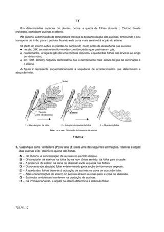 IV

    Em determinadas espécies de plantas, ocorre a queda de folhas durante o Outono. Neste
processo, participam auxinas e etileno.
    No Outono, a diminuição de temperatura provoca a descarboxilação das auxinas, diminuindo o seu
transporte do limbo para o pecíolo, ficando esta zona mais sensível à acção do etileno.
   O efeito do etileno sobre as plantas foi conhecido muito antes da descoberta das auxinas:
   • no séc. XIX, as ruas eram iluminadas com lâmpadas que queimavam gás;
   • na Alemanha, a fuga de gás de uma conduta provocou a queda das folhas das árvores ao longo
     de várias ruas;
   • em 1901, Dimitry Neljubov demonstrou que o componente mais activo do gás de iluminação é
     o etileno.
   A figura 2 representa esquematicamente a sequência de acontecimentos que determinam a
abscisão foliar.




                                              Figura 2



1. Classifique como verdadeira (V) ou falsa (F) cada uma das seguintes afirmações, relativas à acção
   das auxinas e do etileno na queda das folhas.
   A–    No Outono, a concentração de auxinas no pecíolo diminui.
   B–    O transporte de auxinas na folha faz-se num único sentido, da folha para o caule.
   C–    A presença de etileno na zona de abscisão evita a queda das folhas.
   D–    O processo de abscisão foliar é determinado pela acção de hormonas vegetais.
   E–    A queda das folhas deve-se à actuação de auxinas na zona de abscisão foliar.
   F –   Altas concentrações de etileno no pecíolo atraem auxinas para a zona de abscisão.
   G–    Estímulos ambientais interferem na produção de auxinas.
   H–    Na Primavera/Verão, a acção do etileno determina a abscisão foliar.




702.V1/10
 