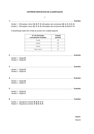 CRITÉRIOS ESPECÍFICOS DE CLASSIFICAÇÃO


                                                                            I

1. .............................................................................................................................................. 9 pontos

    Versão 1 – Afirmações a favor (S): B, F, H; afirmações não conclusivas (N): A, C, D, E, G
    Versão 2 – Afirmações a favor (S): C, E, G; afirmações não conclusivas (N): A, B, D, F, H

    A classificação deste item é feita de acordo com a tabela seguinte.

                                               N.º de afirmações                                   Cotação
                                            correctamente avaliadas                                (pontos)
                                                          7 ou 8                                        9
                                                          5 ou 6                                        6
                                                          3 ou 4                                        3
                                                      0 ou 1 ou 2                                       0


2. ............................................................................................................................................. 6 pontos
    Versão 1 – Opção B
    Versão 2 – Opção D



3. .............................................................................................................................................. 6 pontos
    Versão 1 – Opção D
    Versão 2 – Opção A



4. ............................................................................................................................................. 6 pontos
    Versão 1 – Opção B
    Versão 2 – Opção C


5. ............................................................................................................................................. 6 pontos
    Versão 1 – Opção A
    Versão 2 – Opção C


6. ............................................................................................................................................. 5 pontos
    Versão 1 – Sequência correcta: B; D; E; C; A
    Versão 2 – Sequência correcta: C; B; E; A; D




                                                                                                                                              V.S.F.F.
                                                                                                                                              702/C/3
 