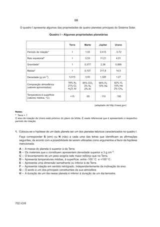 III

    O quadro I apresenta algumas das propriedades de quatro planetas principais do Sistema Solar.

                                 Quadro I – Algumas propriedades planetárias


                                                Terra         Marte        Júpiter        Urano

           Período de rotação*                    1            1,03         0,415          –   0,72

           Raio equatorial*                       1            0,53         11,21          4,01

           Gravidade*                             1           0,377          2,36         0,889

           Massa*                                 1           0,107         317,8          14,5

           Densidade (g cm–3)                   5,515          3,93         1,326          1,27

                                               78% N2        95% CO2       90% H2        82% H2
           Composição atmosférica
                                               21% O2         3% N2        10% He        15% He
           (valores aproximados)
                                               H2O; Ar        2% Ar                      2% CH4

           Temperatura à superfície
                                                 +15               65            110           195
           (valores médios, °C)
                                                               –             –             –




                                                                        (adaptado de http://nasa.gov)

Notas:
* Terra = 1
O eixo de rotação de Urano está próximo do plano da órbita. É neste referencial que é apresentado o respectivo
período de rotação.



1. Colocou-se a hipótese de um dado planeta ser um dos planetas telúricos caracterizados no quadro I.
   Faça corresponder S (sim) ou N (não) a cada uma das letras que identificam as afirmações
   seguintes, de acordo com a possibilidade de serem utilizadas como argumentos a favor da hipótese
   mencionada.
   A–    A massa do planeta é superior à da Terra.
   B–    Os materiais que o constituem apresentam densidade superior a 3 g cm–3.
   C–    O levantamento de um peso exigiria nele maior esforço que na Terra.
   D–    Apresenta temperaturas médias, à superfície, entre -100 °C e +100 °C.
   E–    Apresenta uma dimensão semelhante ou inferior à da Terra.
   F –   Apresenta rotação em sentido retrógrado, independentemente da inclinação do eixo.
   G–    O azoto é um dos principais constituintes da sua atmosfera.
   H–    A duração de um dia nesse planeta é inferior à duração de um dia terrestre.




702.V2/8
 