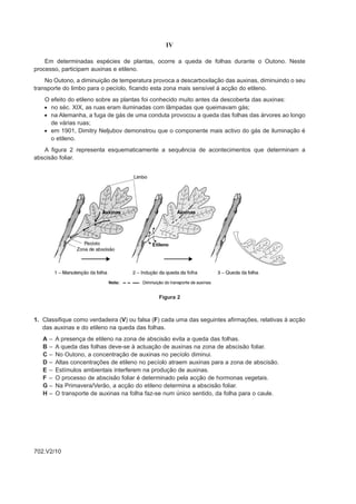 IV

    Em determinadas espécies de plantas, ocorre a queda de folhas durante o Outono. Neste
processo, participam auxinas e etileno.
    No Outono, a diminuição de temperatura provoca a descarboxilação das auxinas, diminuindo o seu
transporte do limbo para o pecíolo, ficando esta zona mais sensível à acção do etileno.
   O efeito do etileno sobre as plantas foi conhecido muito antes da descoberta das auxinas:
   • no séc. XIX, as ruas eram iluminadas com lâmpadas que queimavam gás;
   • na Alemanha, a fuga de gás de uma conduta provocou a queda das folhas das árvores ao longo
     de várias ruas;
   • em 1901, Dimitry Neljubov demonstrou que o componente mais activo do gás de iluminação é
     o etileno.
   A figura 2 representa esquematicamente a sequência de acontecimentos que determinam a
abscisão foliar.




                                              Figura 2



1. Classifique como verdadeira (V) ou falsa (F) cada uma das seguintes afirmações, relativas à acção
   das auxinas e do etileno na queda das folhas.
   A–    A presença de etileno na zona de abscisão evita a queda das folhas.
   B–    A queda das folhas deve-se à actuação de auxinas na zona de abscisão foliar.
   C–    No Outono, a concentração de auxinas no pecíolo diminui.
   D–    Altas concentrações de etileno no pecíolo atraem auxinas para a zona de abscisão.
   E–    Estímulos ambientais interferem na produção de auxinas.
   F –   O processo de abscisão foliar é determinado pela acção de hormonas vegetais.
   G–    Na Primavera/Verão, a acção do etileno determina a abscisão foliar.
   H–    O transporte de auxinas na folha faz-se num único sentido, da folha para o caule.




702.V2/10
 