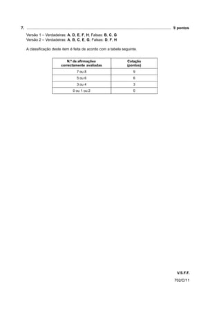 7. ............................................................................................................................................ 9 pontos
    Versão 1 – Verdadeiras: A, D, E, F, H; Falsas: B, C, G
    Versão 2 – Verdadeiras: A, B, C, E, G; Falsas: D, F, H

    A classificação deste item é feita de acordo com a tabela seguinte.


                                       N.º de afirmações                                       Cotação
                                    correctamente avaliadas                                    (pontos)
                                                  7 ou 8                                             9
                                                  5 ou 6                                             6
                                                  3 ou 4                                             3
                                              0 ou 1 ou 2                                            0




                                                                                                                                             V.S.F.F.
                                                                                                                                          702/C/11
 