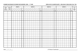 EXAMES NACIONAIS DO ENSINO SECUNDÁRIO, 2006 – 1.ª FASE                                                                            GRELHA DE CLASSIFICAÇÃO – BIOLOGIA E GEOLOGIA (Cód. 702)

 Código      Número                GRUPO I                                        GRUPO II                                          GRUPO III                                         GRUPO IV                         TOTAL
  Confi-    Conven-                                    T                                                                                                                                                                 da
                       1.    2.    3.    4.     5.           1.     2.    3.    4.    5.    6.    7.     8.     T     1.    2.     3.      4.   5.     6.     T     1.    2.    3.     4.    5.     6.    7.     T
 dencial      cional                                                                                                                                                                                                   PROVA
                                                       I                                                        II                                           III                                                IV
da Escola   da Prova                                                                                                                                                                                                    (200)
                       (6)   (6)   (6)   (8)   (10)   (36)   (9)   (10)   (6)   (6)   (6)   (6)   (8)   (15)   (66)   (6)   (6)    (6)    (6)   (9)   (13)   (46)   (8)   (4)   (6)    (6)   (6)   (13)   (9)   (52)




Data ____/____/____                                                                                                                      O Professor Classificador ___________________________________
 