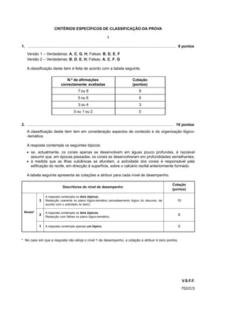 CRITÉRIOS ESPECÍFICOS DE CLASSIFICAÇÃO DA PROVA

                                                                           I

1. ............................................................................................................................................ 9 pontos

    Versão 1 – Verdadeiras: A, C, G, H; Falsas: B, D, E, F
    Versão 2 – Verdadeiras: B, D, E, H; Falsas: A, C, F, G

    A classificação deste item é feita de acordo com a tabela seguinte.

                                     N.º de afirmações                                           Cotação
                                  correctamente avaliadas                                        (pontos)
                                                 7 ou 8                                                9
                                                 5 ou 6                                                6
                                                 3 ou 4                                                3
                                             0 ou 1 ou 2                                               0


2. .......................................................................................................................................... 10 pontos
    A classificação deste item tem em consideração aspectos de conteúdo e da organização lógico-
    -temática.

    A resposta contempla os seguintes tópicos:
    • se, actualmente, os corais apenas se desenvolvem em águas pouco profundas, é razoável
      assumir que, em épocas passadas, os corais se desenvolveram em profundidades semelhantes;
    • à medida que as ilhas vulcânicas se afundam, a actividade dos corais é responsável pela
      edificação do recife, em direcção à superfície, sobre o calcário recifal anteriormente formado.

    A tabela seguinte apresenta as cotações a atribuir para cada nível de desempenho.

                                                                                                                                    Cotação
                                    Descritores do nível de desempenho
                                                                                                                                    (pontos)

                    A resposta contempla os dois tópicos.
               3    Redacção coerente no plano lógico-temático (encadeamento lógico do discurso, de                                      10
                    acordo com o solicitado no item).

  Níveis*           A resposta contempla os dois tópicos.
               2                                                                                                                         8
                    Redacção com falhas no plano lógico-temático.


               1    A resposta contempla apenas um tópico.                                                                               5



* No caso em que a resposta não atinja o nível 1 de desempenho, a cotação a atribuir é zero pontos.




                                                                                                                                              V.S.F.F.
                                                                                                                                              702/C/3
 