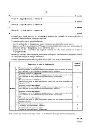 III

1. ............................................................................................................................................. 6 pontos
    Versão 1 – Opção B; Versão 2 – Opção C
2. ............................................................................................................................................ 6 pontos
    Versão 1 – Opção A; Versão 2 – Opção B
3. ............................................................................................................................................. 6 pontos
    Versão 1 – Opção B; Versão 2 – Opção D
4. .......................................................................................................................................... 13 pontos
    A classificação deste item tem em consideração aspectos de conteúdo, da organização lógico-
    -temática e da utilização de linguagem científica.
    A resposta contempla os seguintes tópicos:
    • durante a absorção de iões potássio para o interior da raiz, ocorre transporte activo;
    • quanto maior for a quantidade de ATP disponível nas células, maior poderá ser a velocidade de
      transporte activo de iões potássio para o interior da raiz;
    • quanto maior for a quantidade de oxigénio existente no solo, maior poderá ser a taxa de
      respiração aeróbia.
    Devem ser utilizados adequadamente, no contexto da resposta, os conceitos de respiração aeróbia,
    de transporte activo e de energia metabólica.
    A tabela seguinte apresenta as cotações a atribuir para cada nível de desempenho.

                                                                                                                                         Cotação
                                       Descritores do nível de desempenho
                                                                                                                                         (pontos)
                    A resposta contempla os três tópicos.
               6    Redacção coerente no plano lógico-temático (encadeamento lógico do discurso, de acordo                                   13
                    com o solicitado no item). Utilização de linguagem científica adequada.
                    A resposta contempla os três tópicos.
                    Redacção coerente no plano lógico-temático (encadeamento lógico do discurso, de acordo
                    com o solicitado no item). Utilização de linguagem científica não adequada.
               5    Ou                                                                                                                       11
                    A resposta contempla os três tópicos.
                    Redacção com falhas no plano lógico-temático, mesmo que com correcta utilização de
                    linguagem científica.
                    A resposta contempla dois tópicos.
               4    Redacção coerente no plano lógico-temático (encadeamento lógico do discurso, de acordo                                    9
 Níveis*            com o solicitado no item). Utilização de linguagem científica adequada.

                    A resposta contempla dois tópicos.
                    Redacção coerente no plano lógico-temático (encadeamento lógico do discurso, de acordo
                    com o solicitado no item). Utilização de linguagem científica não adequada.
               3    Ou                                                                                                                        7
                    A resposta contempla dois tópicos.
                    Redacção com falhas no plano lógico-temático, mesmo que com correcta utilização de
                    linguagem científica.

                    A resposta contempla apenas um tópico.
               2                                                                                                                              5
                    Utilização de linguagem científica adequada.
                    A resposta contempla apenas um tópico.
               1
                    Utilização de linguagem científica não adequada.
                                                                                                                                              3


* No caso em que a resposta não atinja o nível 1 de desempenho, a cotação a atribuir é zero pontos.


                                                                                                                                              V.S.F.F.
                                                                                                                                             702/C/7
 