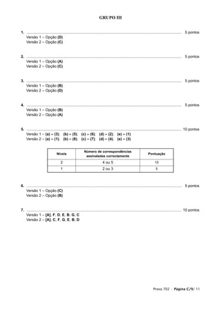 GRUPO III


1. ...................................................................................................................................................... 5 pontos
1. Versão 1 – Opção (D)
1. Versão 2 – Opção (C)


2. ...................................................................................................................................................... 5 pontos
1. Versão 1 – Opção (A)
1. Versão 2 – Opção (C)


3. ...................................................................................................................................................... 5 pontos
1. Versão 1 – Opção (B)
1. Versão 2 – Opção (D)


4. ...................................................................................................................................................... 5 pontos
1. Versão 1 – Opção (B)
1. Versão 2 – Opção (A)


5. ...................................................................................................................................................... 10 pontos
1. Versão 1 – (a) – (3); (b) – (5); (c) – (6); (d) – (2); (e) – (1)
1. Versão 2 – (a) – (1); (b) – (8); (c) – (7); (d) – (4); (e) – (3)


                                                         Número de correspondências
                                Níveis                                                                              Pontuação
                                                          assinaladas correctamente
                                    2                                     4 ou 5                                          10
                                    1                                     2 ou 3                                           5




6. ...................................................................................................................................................... 5 pontos
1. Versão 1 – Opção (C)
1. Versão 2 – Opção (B)


7. ...................................................................................................................................................... 10 pontos
1. Versão 1 – [A], F, D, E, B, G, C
1. Versão 2 – [A], C, F, G, E, B, D




                                                                                                                        Prova 702 • Página C/9/ 11
 