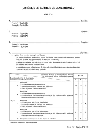 CRITÉRIOS ESPECÍFICOS DE CLASSIFICAÇÃO

                                                                         GRUPO I


1. ...................................................................................................................................................... 5 pontos
1. Versão 1 – Opção (D)
1. Versão 2 – Opção (C)


2. ...................................................................................................................................................... 5 pontos
1. Versão 1 – Opção (B)
1. Versão 2 – Opção (A)


3. ...................................................................................................................................................... 5 pontos
1. Versão 1 – Opção (D)
1. Versão 2 – Opção (B)


4. ...................................................................................................................................................... 20 pontos
1. A resposta deve abordar os seguintes tópicos:
           • as fortes amplitudes térmicas da região provocam uma variação de volume do granito
             nodular, levando ao aparecimento de fracturas / diaclases;
           • a água, ao congelar nas fracturas, contribui para a desagregação do granito, expondo
             os nódulos à superfície da rocha-mãe;
           • a pressão exercida pelas cunhas de gelo sobre os nódulos provoca a sua expulsão das
             «Pedras Parideiras»/ do granito nodular.


                                                                  Descritores do nível de desempenho no domínio
                                                                    da comunicação escrita em língua portuguesa                                Níveis*
  Descritores do nível de desempenho
  no domínio específico da disciplina                                                                                                    1         2         3
                      A resposta:
                      • aborda os três tópicos de referência;
                5                                                                                                                        18       19        20
                      • apresenta organização coerente dos conteúdos;
                      • aplica linguagem científica adequada.

                      A resposta:
                      • aborda os três tópicos de referência;
                4                                                                                                                        15       16        17
                      • apresenta falhas de coerência na organização dos conteúdos e/ou falhas na
                        aplicação da linguagem científica.

  Níveis              A resposta:
                      • aborda apenas dois tópicos de referência;
                3                                                                                                                        12       13        14
                      • apresenta organização coerente dos conteúdos;
                      • aplica linguagem científica adequada.

                      A resposta:
                      • aborda apenas dois tópicos de referência;
                2                                                                                                                        9        10        11
                      • apresenta falhas de coerência na organização dos conteúdos e/ou falhas na
                        aplicação da linguagem científica.

                1     A resposta aborda apenas um dos tópicos de referência.                                                             6         7         8

* Descritores apresentados nos critérios gerais.


                                                                                                                        Prova 702 • Página C/5/ 10
 