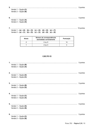 5. ...................................................................................................................................................... 5 pontos
1. Versão 1 – Opção (C)
1. Versão 2 – Opção (B)


6. ...................................................................................................................................................... 5 pontos
1. Versão 1 – Opção (A)
1. Versão 2 – Opção (D)


7. ...................................................................................................................................................... 10 pontos
1. Versão 1 – (a) – (4); (b) – (3); (c) – (2); (d) – (5); (e) – (7)
1. Versão 2 – (a) – (1); (b) – (5); (c) – (3); (d) – (8); (e) – (6)


                                                         Número de correspondências
                                Níveis                                                                              Pontuação
                                                          assinaladas correctamente
                                    2                                     4 ou 5                                          10
                                    1                                     2 ou 3                                           5




                                                                        GRUPO II


1. ...................................................................................................................................................... 5 pontos
1. Versão 1 – Opção (B)
1. Versão 2 – Opção (A)


2. ...................................................................................................................................................... 5 pontos
1. Versão 1 – Opção (D)
1. Versão 2 – Opção (C)


3. ...................................................................................................................................................... 5 pontos
1. Versão 1 – Opção (B)
1. Versão 2 – Opção (D)


4. ...................................................................................................................................................... 5 pontos
1. Versão 1 – Opção (C)
1. Versão 2 – Opção (A)


5. ...................................................................................................................................................... 5 pontos
1. Versão 1 – Opção (D)
1. Versão 2 – Opção (B)


6. ...................................................................................................................................................... 5 pontos
1. Versão 1 – Opção (C)
1. Versão 2 – Opção (B)


                                                                                                                        Prova 702 • Página C/6/ 10
 