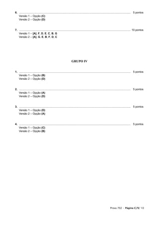 6. ...................................................................................................................................................... 5 pontos
1. Versão 1 – Opção (C)
1. Versão 2 – Opção (D)


7. ...................................................................................................................................................... 10 pontos
1. Versão 1 – [A], F, D, E, C, B, G
1. Versão 2 – [A], G, E, B, F, D, C




                                                                       GRUPO IV


1. ...................................................................................................................................................... 5 pontos
1. Versão 1 – Opção (B)
1. Versão 2 – Opção (D)


2. ...................................................................................................................................................... 5 pontos
1. Versão 1 – Opção (A)
1. Versão 2 – Opção (D)


3. ...................................................................................................................................................... 5 pontos
1. Versão 1 – Opção (D)
1. Versão 2 – Opção (A)


4. ...................................................................................................................................................... 5 pontos
1. Versão 1 – Opção (C)
1. Versão 2 – Opção (B)




                                                                                                                        Prova 702 • Página C/9/ 10
 