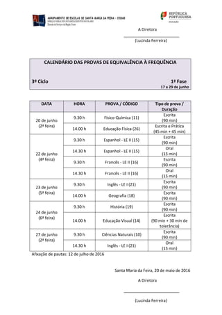 A Diretora
_________________________
(Lucinda Ferreira)
CALENDÁRIO DAS PROVAS DE EQUIVALÊNCIA À FREQUÊNCIA
3º Ciclo 1ª Fase
17 a 29 de junho
DATA HORA PROVA / CÓDIGO Tipo de prova /
Duração
20 de junho
(2ª feira)
9.30 h Físico‐Química (11)
Escrita
(90 min)
14.00 h Educação Física (26)
Escrita e Prática
(45 min + 45 min)
22 de junho
(4ª feira)
9.30 h Espanhol ‐ LE II (15)
Escrita
(90 min)
14.30 h Espanhol ‐ LE II (15)
Oral
(15 min)
9.30 h Francês ‐ LE II (16)
Escrita
(90 min)
14.30 h Francês ‐ LE II (16)
Oral
(15 min)
23 de junho
(5ª feira)
9.30 h Inglês ‐ LE I (21)
Escrita
(90 min)
14.00 h Geografia (18)
Escrita
(90 min)
24 de junho
(6ª feira)
9.30 h História (19)
Escrita
(90 min)
14.00 h Educação Visual (14)
Escrita
(90 min + 30 min de
tolerância)
27 de junho
(2ª feira)
9.30 h Ciências Naturais (10)
Escrita
(90 min)
14.30 h Inglês ‐ LE I (21)
Oral
(15 min)
Afixação de pautas: 12 de julho de 2016
Santa Maria da Feira, 20 de maio de 2016
A Diretora
_________________________
(Lucinda Ferreira)
 