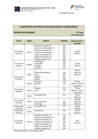 (Lucinda Ferreira)
CALENDÁRIO DAS PROVAS DE EQUIVALÊNCIA À FREQUÊNCIA
ENSINO SECUNDÁRIO 1ª Fase
15 a 28 de junho
DATA HORA PROVA CÓDIGO Tipo de prova /
Duração
16 de junho
(5ª feira)
9.30 h
Espanhol iniciação 11º
Espanhol continuação 11º
Espanhol iniciação 12º
Francês continuação 11º
Inglês continuação 11º
Inglês continuação 12º
Alemão iniciação 11º
375
368
353
365
367
358
374
Escrita
(90 min)
17 de junho
(6ª feira)
14.00 h
Psicologia B
Geografia C
Geologia
Química
340
319
320
342
Escrita
(90 min)
20 de junho
(2ª feira)
9.30 h
Oficina Multimédia B
Física
Biologia
Direito
318
315
302
329
Escrita
(120 min)
(90 min)
14.00 h
Geologia
Química
320
342
Prática
(90 min + 30 min
tolerância)
21 de junho
(3ª feira)
9.30 h
Biologia
Física
302
315
Prática
(90 min + 30 min
tolerância)
14.00 h
Educação Física 311 Escrita
(90 min)
22 de junho
(4ª feira)
9.30h Oficina de Artes
Sociologia
316
344
Escrita
(120 min)
(90 min)
23 de junho
(5ª feira)
14.00 h
Educação Física 311 Prática
(90 min)
24 de junho
(6ª feira)
9.30 h
Economia C 312 Escrita
(90 min)
27 de junho
(2ª feira)
14.30 h
Espanhol iniciação 11º
Espanhol continuação 11º
Espanhol Iniciação 12º
Francês continuação 11º
Inglês continuação 11º
Inglês continuação 12º
Alemão iniciação 11º
375
368
353
365
367
358
374
Oral
(25 min)
Afixação de pautas: 13 de julho de 2016
 