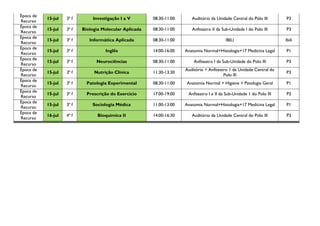 Época de
Recurso
15-jul 3ª f Investigação I a V 08:30-11:00 Auditório da Unidade Central do Pólo III P3
Época de
Recurso
15-jul 3ª f Biologia Molecular Aplicada 08:30-11:00 Anfiteatro II da Sub-Unidade I do Polo III P3
Época de
Recurso
15-jul 3ª f Informática Aplicada 08:30-11:00 IBILI Ibili
Época de
Recurso
15-jul 3ª f Inglês 14:00-16:00 Anatomia Normal+Histologia+17 Medicina Legal P1
Época de
Recurso
15-jul 3ª f Neurociências 08:30-11:00 Anfiteatro I da Sub-Unidade do Polo III P3
Época de
Recurso
15-jul 3ª f Nutrição Clínica 11:30-13:30
Auditório + Anfiteatro 1 da Unidade Central do
Polo III
P3
Época de
Recurso
15-jul 3ª f Patologia Experimental 08:30-11:00 Anatomia Normal + Higiene + Patologia Geral P1
Época de
Recurso
15-jul 3ª f Prescrição do Exercicio 17:00-19:00 Anfiteatro I e II da Sub-Unidade 1 do Polo III P3
Época de
Recurso
15-jul 3ª f Sociologia Médica 11:00-13:00 Anatomia Normal+Histologia+17 Medicina Legal P1
Época de
Recurso
16-jul 4ª f Bioquímica II 14:00-16:30 Auditório da Unidade Central do Polo III P3
 