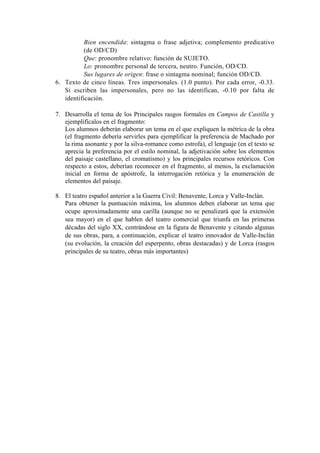 Bien encendida: sintagma o frase adjetiva; complemento predicativo
(de OD/CD)
Que: pronombre relativo: función de SUJETO.
Lo: pronombre personal de tercera, neutro. Función, OD/CD.
Sus lugares de origen: frase o sintagma nominal; función OD/CD.
6. Texto de cinco líneas. Tres impersonales. (1.0 punto). Por cada error, -0.33.
Si escriben las impersonales, pero no las identifican, -0.10 por falta de
identificación.
7. Desarrolla el tema de los Principales rasgos formales en Campos de Castilla y
ejemplifícalos en el fragmento:
Los alumnos deberán elaborar un tema en el que expliquen la métrica de la obra
(el fragmento debería servirles para ejemplificar la preferencia de Machado por
la rima asonante y por la silva-romance como estrofa), el lenguaje (en el texto se
aprecia la preferencia por el estilo nominal, la adjetivación sobre los elementos
del paisaje castellano, el cromatismo) y los principales recursos retóricos. Con
respecto a estos, deberían reconocer en el fragmento, al menos, la exclamación
inicial en forma de apóstrofe, la interrogación retórica y la enumeración de
elementos del paisaje.
8. El teatro español anterior a la Guerra Civil: Benavente, Lorca y Valle-Inclán.
Para obtener la puntuación máxima, los alumnos deben elaborar un tema que
ocupe aproximadamente una carilla (aunque no se penalizará que la extensión
sea mayor) en el que hablen del teatro comercial que triunfa en las primeras
décadas del siglo XX, centrándose en la figura de Benavente y citando algunas
de sus obras, para, a continuación, explicar el teatro innovador de Valle-Inclán
(su evolución, la creación del esperpento, obras destacadas) y de Lorca (rasgos
principales de su teatro, obras más importantes)
 