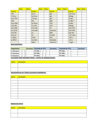 Data      Data               Data   Data                Data   Data               Data Data
Exame                       Exame                     Exame                      Exame
TSH                         Ferro                     IgA                        Test Suor
T4 livre                    ferritina                 IgE                        HBsAg
Anti-TPO                    I STrans                  IgG                        A-HBs
FAN                         B12                       IgM                        A-HBc T
Anti-DNA                    Ác.fólico                 VHS                        A-HBe
Anti-SM                     Cl.creat                  PCR                        HBeAg
Anti-RNP                    Prot.24h                  FR                         Anti-HCV
An-Scl70                    microalb                  Anticitrul                 Anti-HAV
Anti-RO                     C3                        BNP                        Det-HIV
Anti-LA                     C4                        CK-MB                      Col Total
c-ANCA                      CH50                      DHL                        HDL-c
p-ANCA                      Coombs                    Haptoglo                   LDL-c
                            HBA1                       Ácido úri                 Triglic
BACILOSCOPIAS:

Diagnóstico          Resultado Controle de TTO        Resultado      Controle de TTO          Resultado
1ª Amostra ( /  )          1º mês ( / )                              4º mês ( / )
2ª Amostra ( /  )          2º mês ( / )                              5º mês ( / )
3ª Amostra ( /  )          3º mês ( / )                              6º mês ( / )
CULTURAS PARA MICOBACTERIAS + TESTES DE SENSIBILIDADES:

DATA       ACHADOS




RADIOGRAFIAS DE TÓRAX (ACHADOS ANORMAIS):

DATA       ACHADOS




BRONCOSCOPIAS

DATA       ACHADOS
 