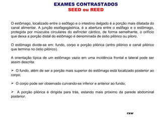 EXAMES CONTRASTADOS
SEED ou REED
O estômago, localizado entre o esôfago e o intestino delgado é a porção mais dilatada do
canal alimentar. A junção esofagogástrica, é a abertura entre o esôfago e o estômago,
protegida por músculos circulares do esfíncter cárdico, de forma semelhante, o orifício
que deixa a porção distal do estômago é denominada de óstio pilórico ou piloro.
O estômago divide-se em: fundo, corpo e porção pilórica (antro pilórico e canal pilórico
que termina no óstio pilórico).
A orientação típica de um estômago vazio em uma incidência frontal e lateral pode ser
assim descrita:
 O fundo, além de ser a porção mais superior do estômago está localizado posterior ao
corpo;
 O corpo pode ser observado curvando-se inferior e anterior ao fundo;
 A porção pilórica é dirigida para trás, estando mais próximo da parede abdominal
posterior.
rxw
 